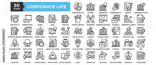 50 Corporate Life icon set. Containing design Corporate Culture, Corporate Innovation, Corporate Responsibility, Corporate Identity, Corporate Office, Contract