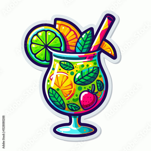 Tropical cocktail with fruit garnish and straw in a colorful glass