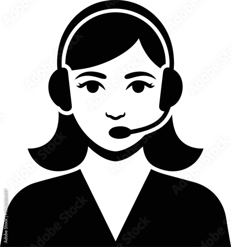 Illustration of a woman wearing a headset with microphone in black and white
