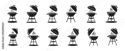 Black and white charcoal grill icons representing various grilling and barbecue concepts