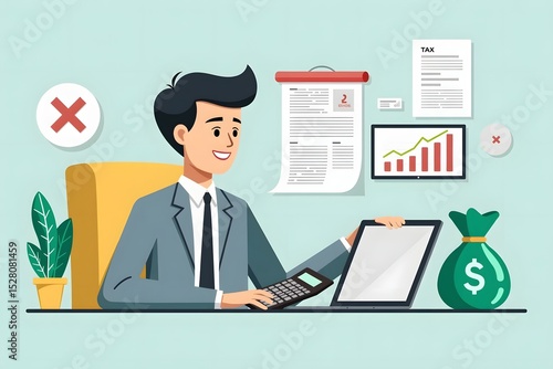 An illustration shows a man in a suit happily managing finances with a calculator laptop tax documents and a money bag on his desk