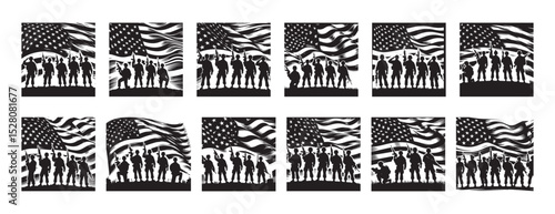 American soldiers standing in silhouette with us flag on memorial day or veterans day