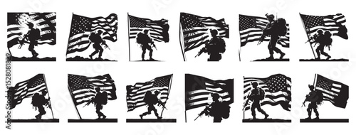 Silhouette illustrations of united states soldiers carrying and displaying the american flag proudly