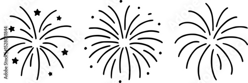 Vector illustration featuring three monochrome fireworks designs. The first firework includes star-shaped bursts, while the second and third showcase dynamic explosion patterns. Ideal for celebrations