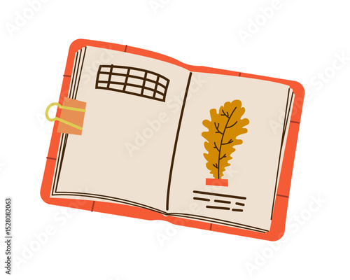 Autumn coziness, herbarium. Diary with dry plants and inscriptions. Paper journal. Education, knowledge, study concept, Cozy autumnal reading. Hygge time at home