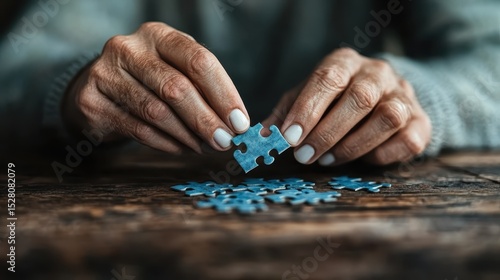 A close-up image of a person's hands carefully assembling a blue jigsaw puzzle piece, symbolizing patience, mindfulness, and the joy of problem-solving in a tactile way.