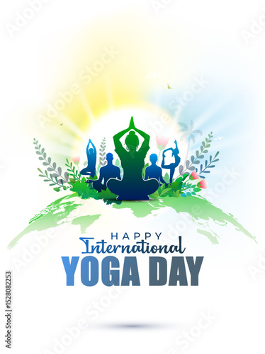 Happy International yoga day card design. Group of diverse people yoga postures and exercise vector illustration.