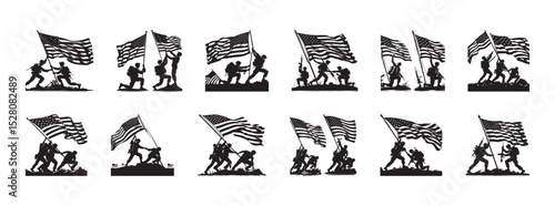 Silhouettes of american soldiers raising us flags representing patriotism and military service