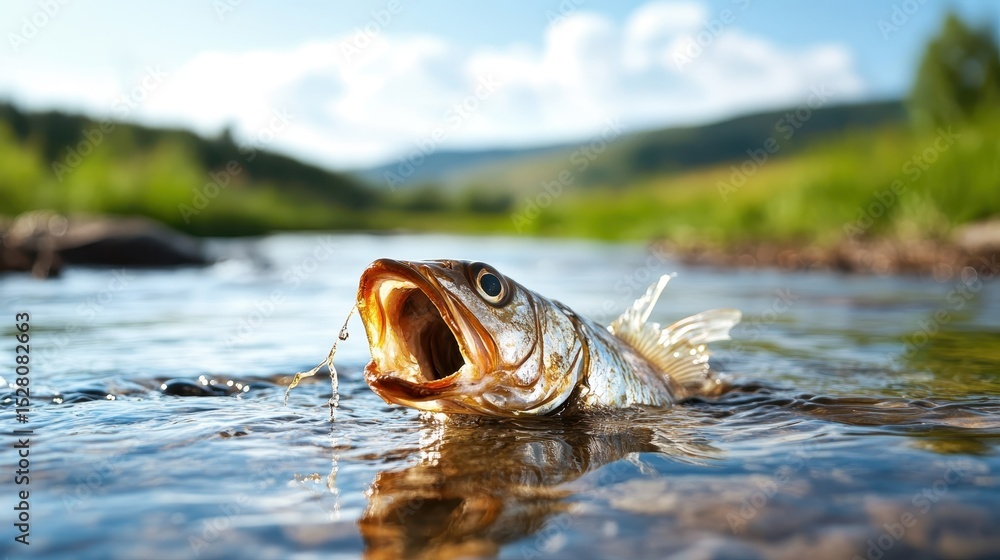 Fototapeta premium A captivating freshwater fish leaps from the water, creating splashes against the backdrop of a serene, natural landscape with hills and lush greenery.