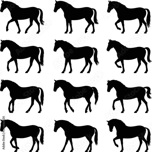 Collection of nine horse silhouettes in various walking positions black art