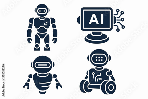 Simple Line Art Robot Character Icon Set, Futuristic Automation Element