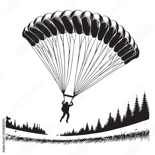 Parachutist descend gracefully using open parachute against a natural landscape background image vector