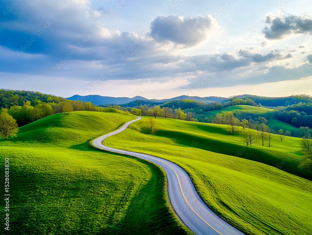 Naklejka premium A beautiful serpentine road winds through lush green hills in the heart of spring, inviting travelers to explore the vibrant landscape. Nature flourishes under the clear sky