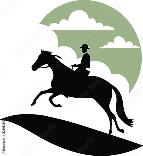 Dynamic silhouette of a rider jumping over a hill, ideal for competitive equestrian and sports design themes.