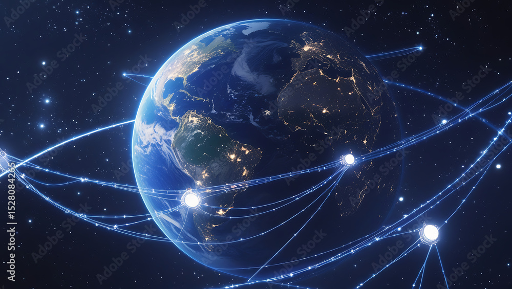 Obraz premium A satellite network orbits Earth, connecting global communication systems.