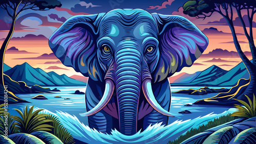 Vector illustration of elephant bathing in a muddy river , perfect for summer themes, wildlife scenes