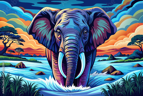 Vector illustration of elephant bathing in a muddy river , perfect for summer themes, wildlife scenes