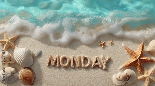 Beach Scene with Starfish Shells and the Word Monday Written in Sand