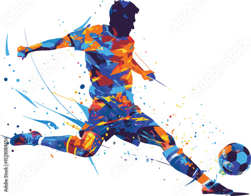 Colorful abstract soccer player kicking ball
