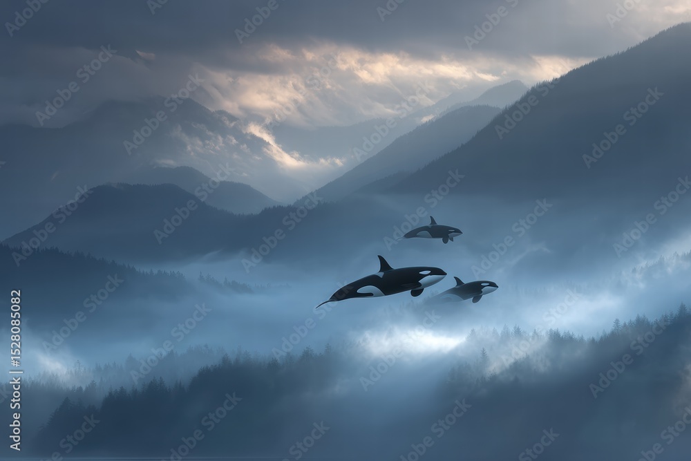 Fototapeta premium Orcas breaching the sky over misty Mountains, a surreal scene illustrating abnormal weather and potential cataclysm near British Columbia