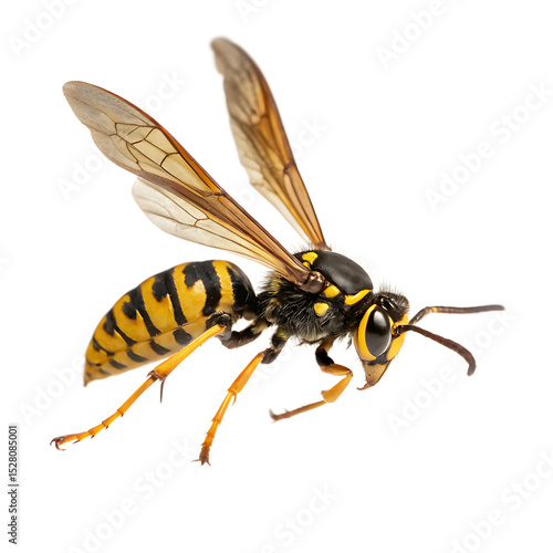 A yellow jacket wasp in a flying attack pose isolated on a transparent background
