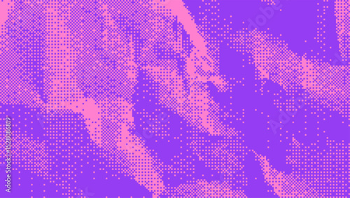 Halftone faded gradient spotted texture. Retro pixelated bitmap backdrop. Blue and pink colors. Y2K aesthetics texture. Retro game technology rectangle. Paper crumpled
