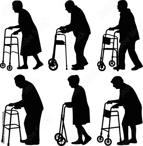 Silhouettes of elderly people using walkers for mobility assistance aid