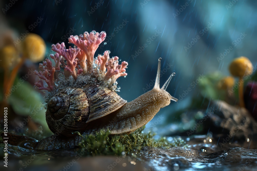 Obraz premium Snail with coral reef shell slowly crawls through a flooded forest floor during a tropical downpour near the Amazon River