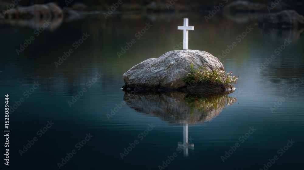 Naklejka premium Closeup of a pristine white cross, delicately balanced on top of a small rock in the center of the lake, its reflection creating a sense of balance and harmony.