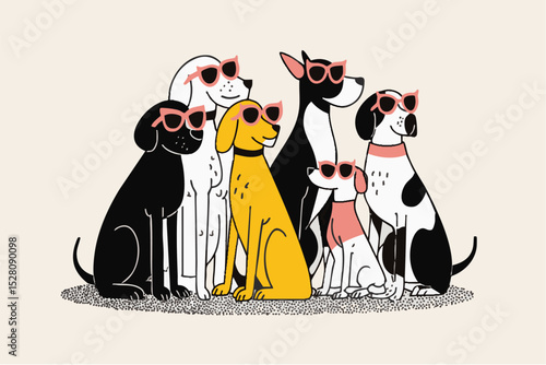 Hand drawn style illustration of cool dogs wearing summer sunglasses