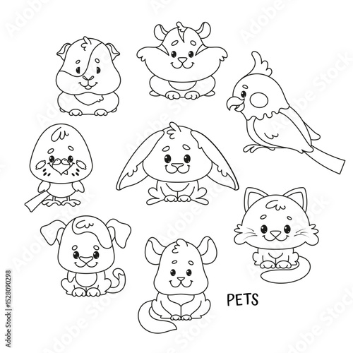 Cute Pet Animals Coloring Page Set Vector Illusration of guinea pig, hamster, parrot, chick, rabbit, dog, mouse, cat