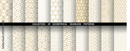 Geometric set of seamless golden and white patterns. Simple vector graphics
