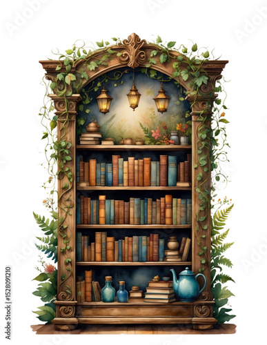 Enchanted Bookcase A Whimsical Illustration of a Magical Library
