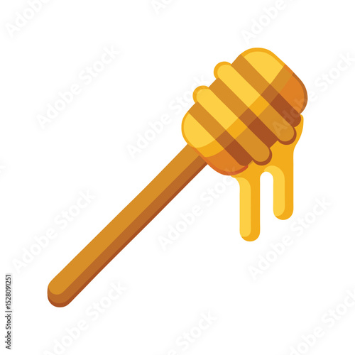 Honey with wooden dipper vector illustration, golden syrup drizzle, natural beekeeping product, rustic kitchen food
