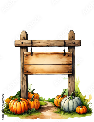 Rustic Wooden Sign with Pumpkins Autumn Farm Illustration