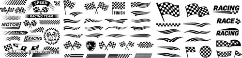 Vector racing elements set: black-white checkered flags, finish banners, speed lines, racing text decals. Clean silhouettes on transparent background, fully scalable for branding, prints, UI.