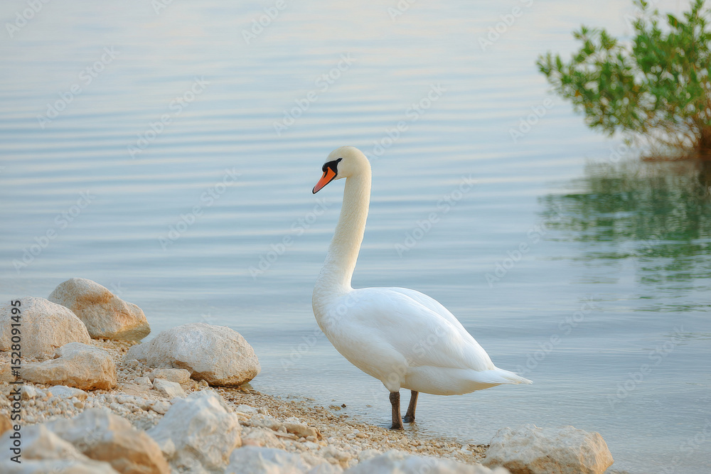Fototapeta premium swan standing at edge of rocky bay highlighting sheen of its feathers