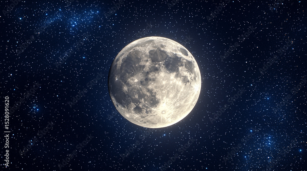 A luminous full moon shines brightly amidst a vast expanse of twinkling stars in the dark night sky A luminous full moon shines brightly amidst a vast expanse of twinkling stars in the dark night sky