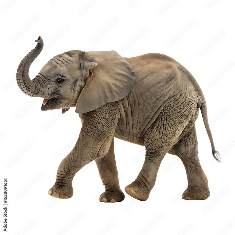 Fototapeta premium Small cute baby elephant on the move isolated on a transparent background