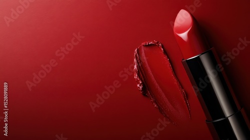 A close-up view of a sleek red lipstick tube alongside a swipe of rich red pigment, elegantly displayed against a smooth red background, epitomizing beauty and sophistication.