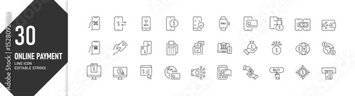 Digital wallet and mobile banking line icons set in online transactions, fintech UI mockup, icon collection