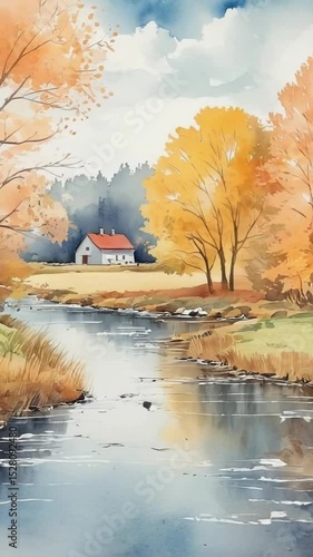 autumn landscape with lake, trees and a cottage