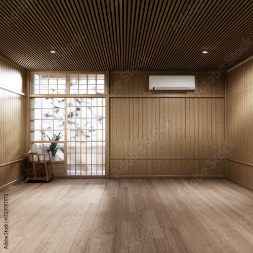 Fototapeta Naklejka Na Ścianę i Meble -  Muji style Empty room minimal with wood panels wall background 3D illustration rendering