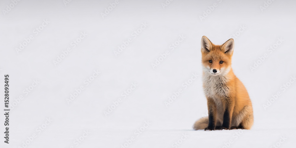 Obraz premium Small fox cub sitting alone on flat white snow in a winter landscape nature photography tranquil setting