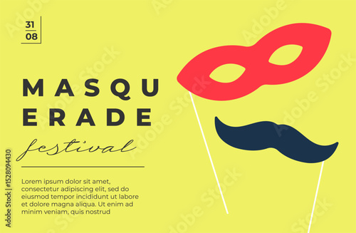 Festive masquerade carnival poster with ornate mask and vibrant parade theme. Minimal horizontal layout with bold text and decorative flair. Perfect for Mardi Gras or Purim party invites. Flat eps art