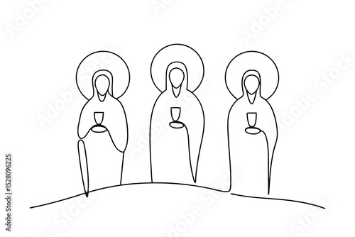 Three figures in robes holding chalices line drawing