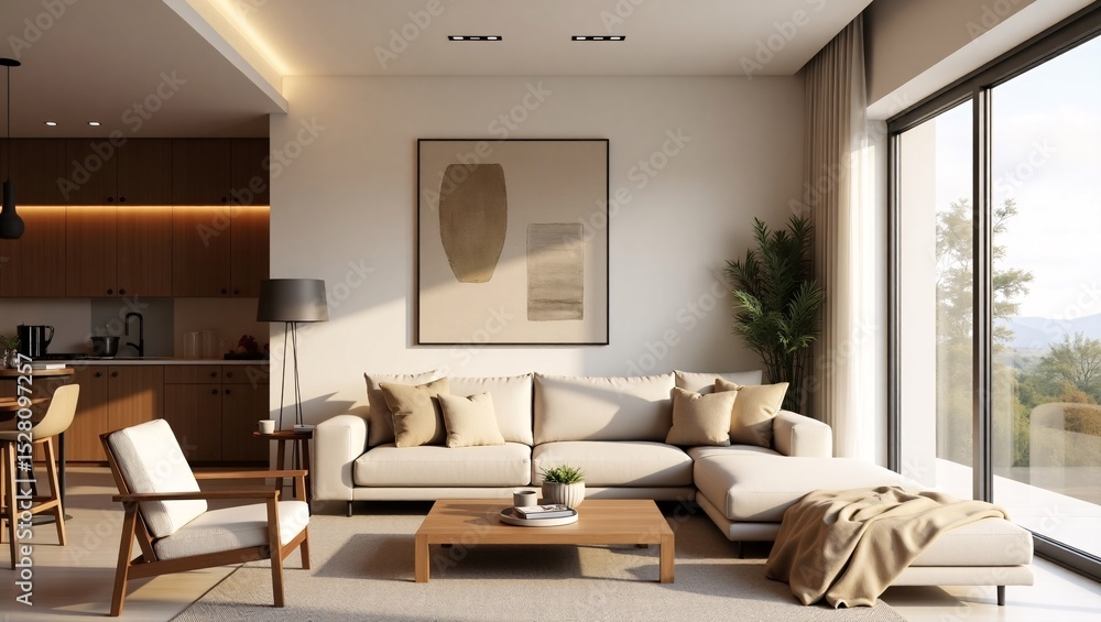 Fototapeta premium Modern minimalist living room design sunlight interior