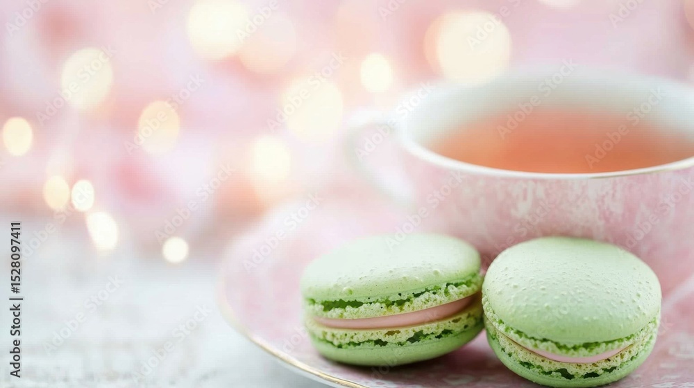 Obraz premium Enjoying a delightful afternoon tea with green macarons and herbal infusion