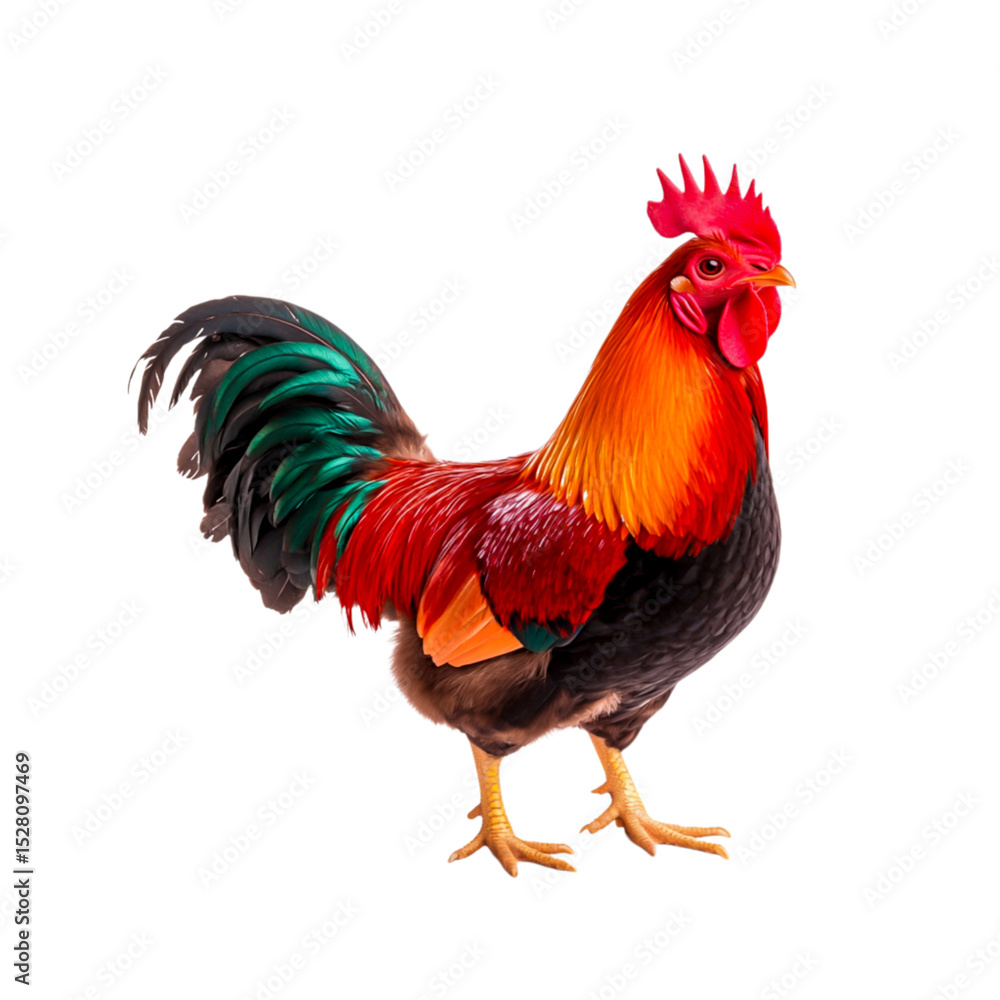 Fototapeta premium Colorful and Vibrant Rooster Standing on White Background Perfect for Farm or Animal Themes