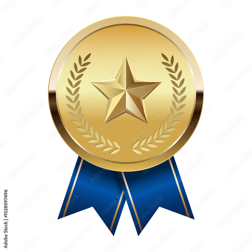 Golden award medal with blue ribbons and star for sport and games Golden award medal with blue ribbons and star for sport and games